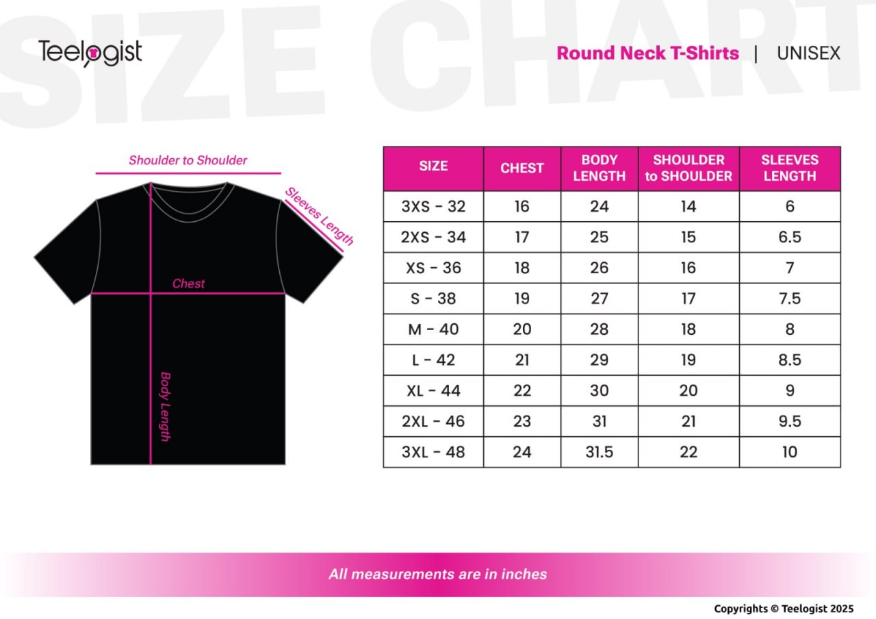 Round neck unisex t-shirt size chart: chest, body length, shoulder-to-shoulder and sleeve length in inches for sizes 3XS to 3XL