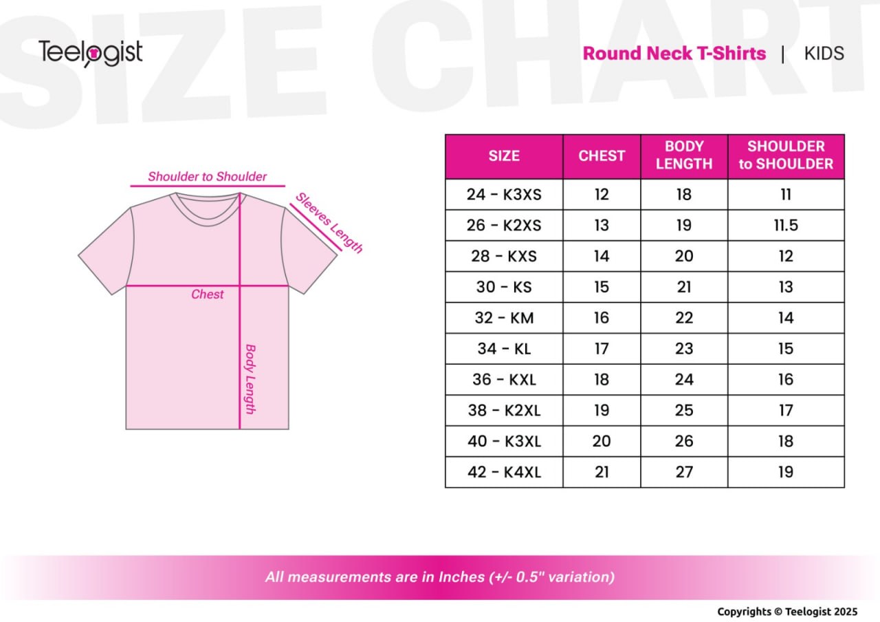 Round neck kids t-shirt size chart: chest, body length and shoulder-to-shoulder in inches for sizes K3XS (24) to K4XL (42)